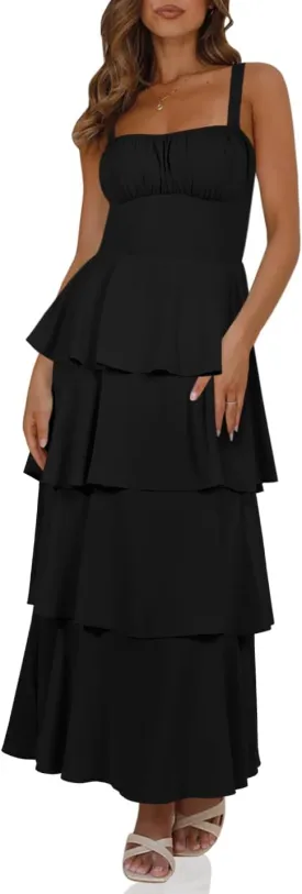 Wenrine Womens Summer Maxi Dress Spaghetti Strap Sleeveless Tie Back Flowy Tiered Casual Dresses