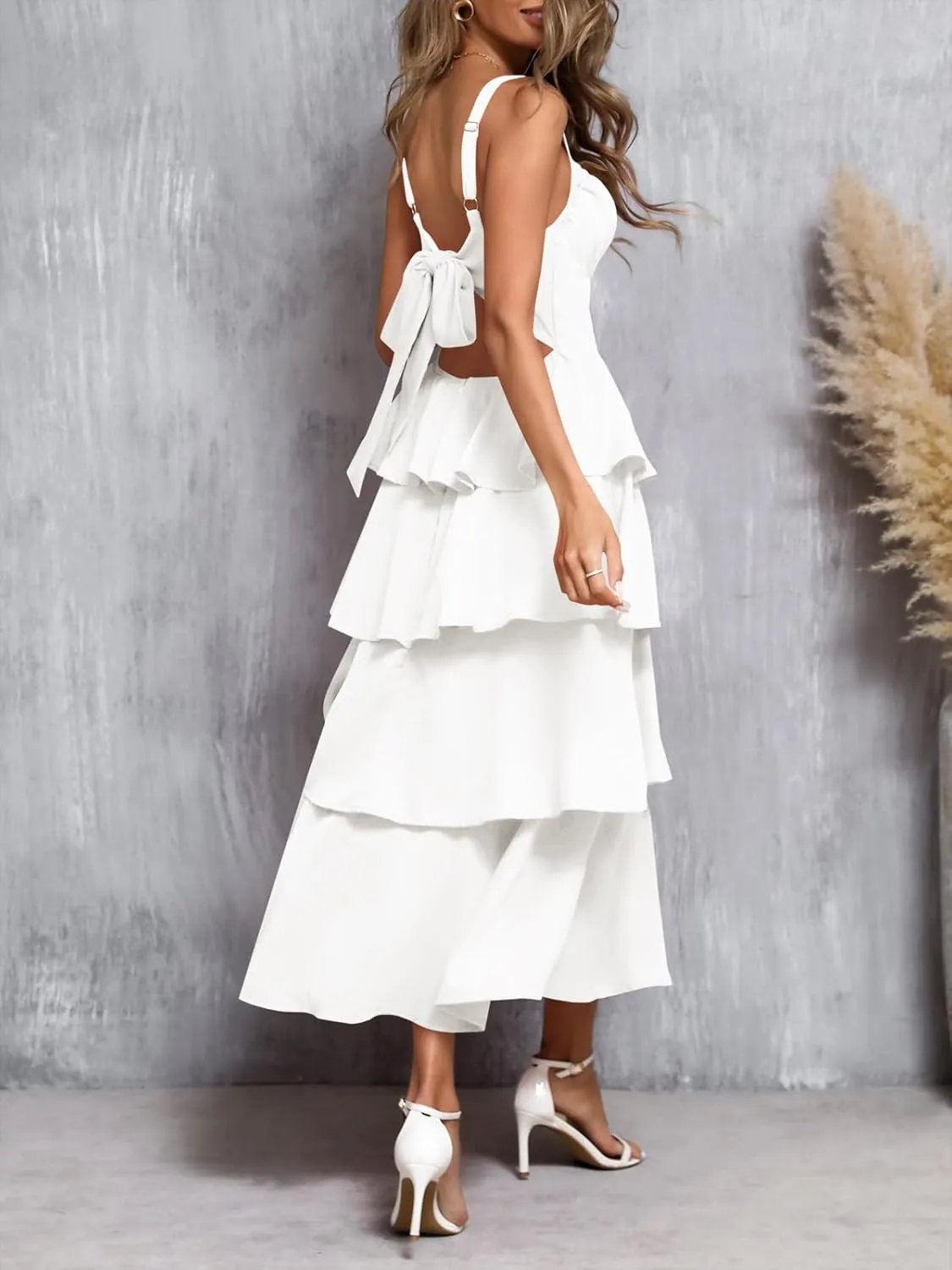 Wenrine Womens Summer Maxi Dress Spaghetti Strap Sleeveless Tie Back Flowy Tiered Casual Dresses
