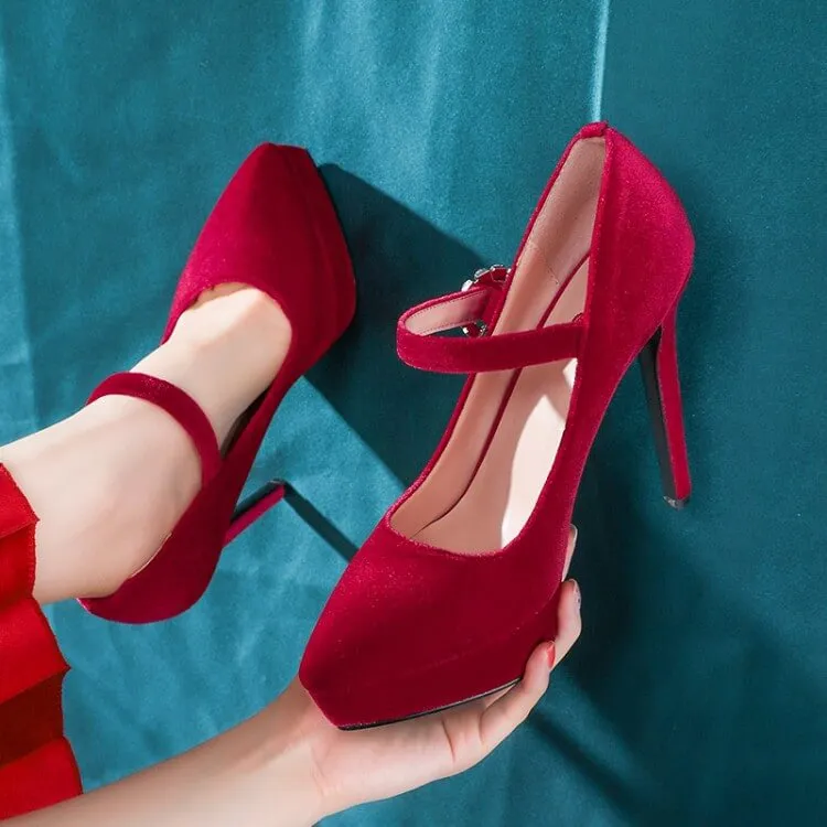 Wine Red Platform Suede Buckle High Heels