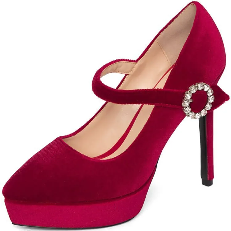 Wine Red Platform Suede Buckle High Heels