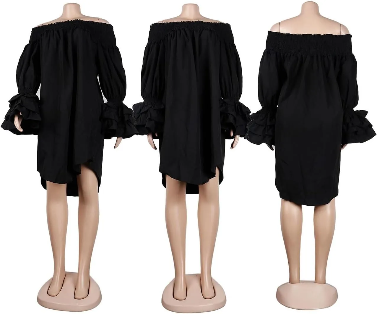 WOKANSE Women's Casual Plus Size Shirred Dresses Off Shoulder Bell Sleeves Ruffle Loose Stretchy Neck Midi Dress
