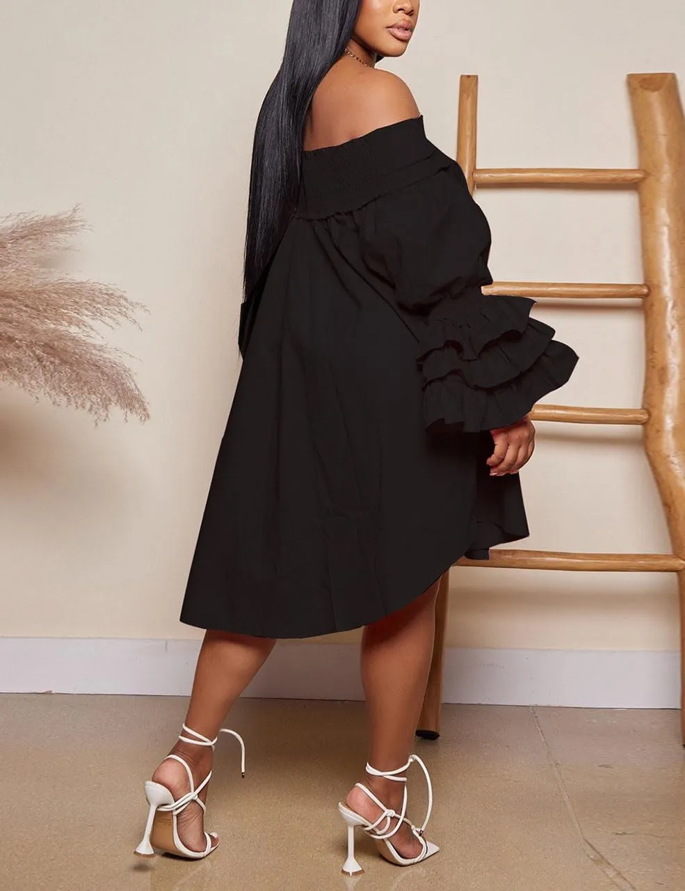 WOKANSE Women's Casual Plus Size Shirred Dresses Off Shoulder Bell Sleeves Ruffle Loose Stretchy Neck Midi Dress