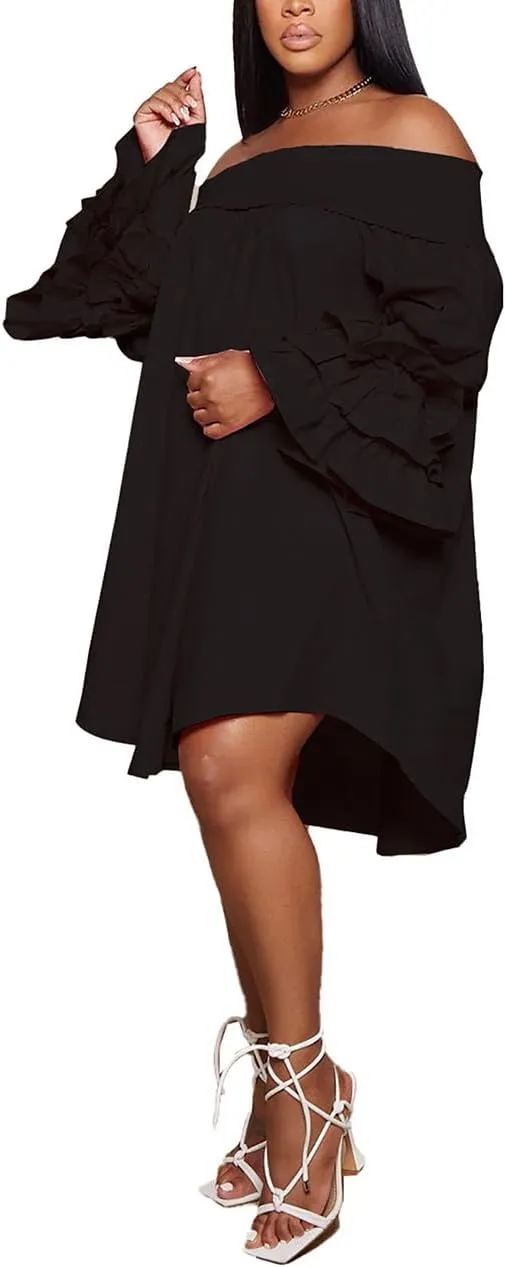 WOKANSE Women's Casual Plus Size Shirred Dresses Off Shoulder Bell Sleeves Ruffle Loose Stretchy Neck Midi Dress
