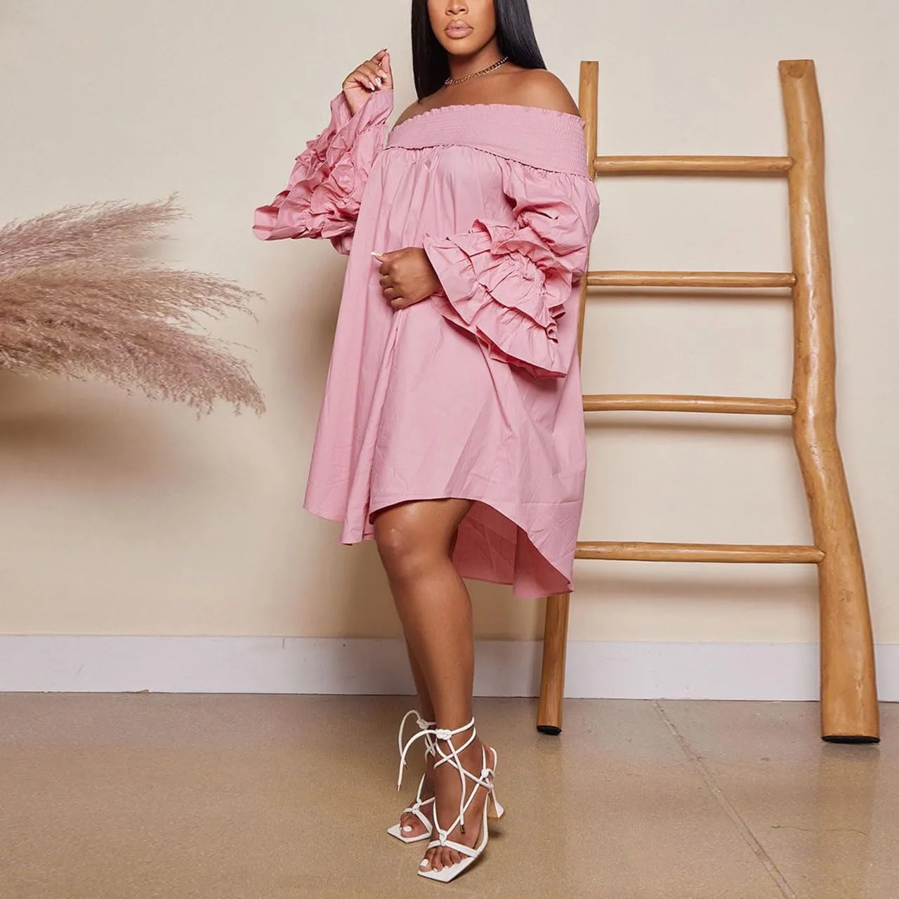 WOKANSE Women's Casual Plus Size Shirred Dresses Off Shoulder Bell Sleeves Ruffle Loose Stretchy Neck Midi Dress