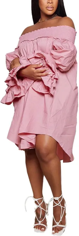 WOKANSE Women's Casual Plus Size Shirred Dresses Off Shoulder Bell Sleeves Ruffle Loose Stretchy Neck Midi Dress