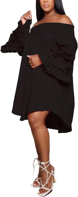 WOKANSE Women's Casual Plus Size Shirred Dresses Off Shoulder Bell Sleeves Ruffle Loose Stretchy Neck Midi Dress