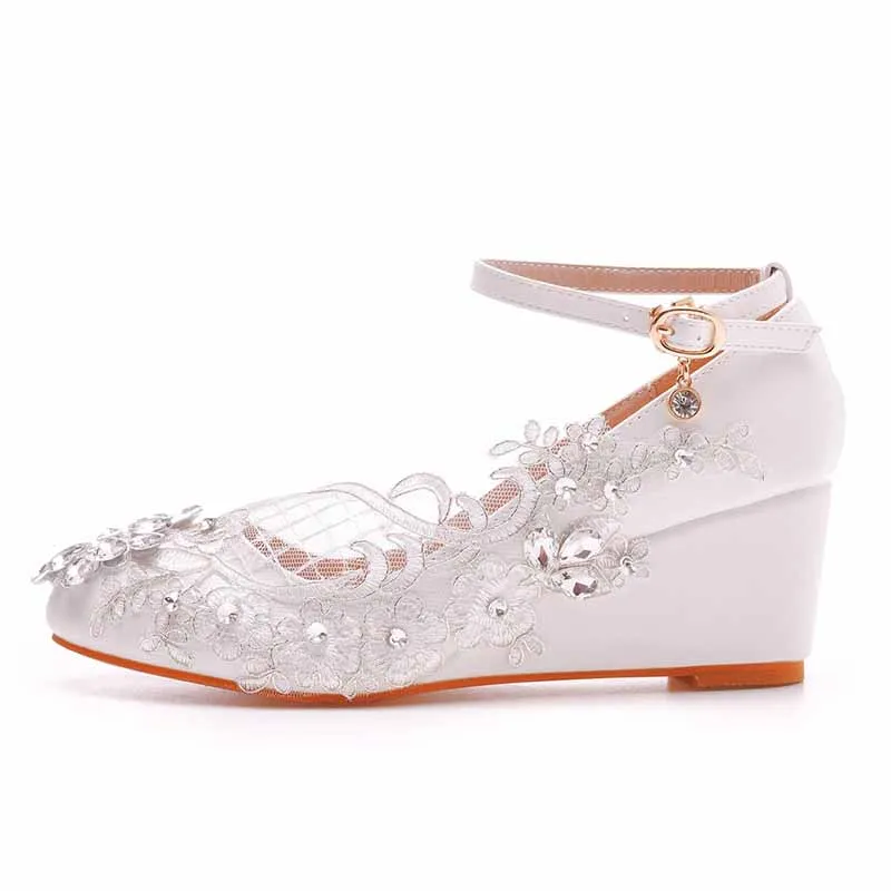 Women Rounded Toe White Wedges Bridal Sandals 2.17" Lace Wedding Shoes