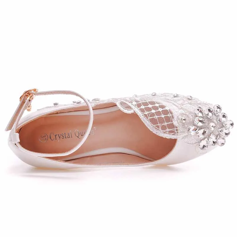 Women Rounded Toe White Wedges Bridal Sandals 2.17" Lace Wedding Shoes