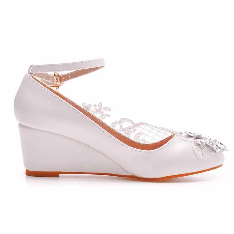 Women Rounded Toe White Wedges Bridal Sandals 2.17" Lace Wedding Shoes