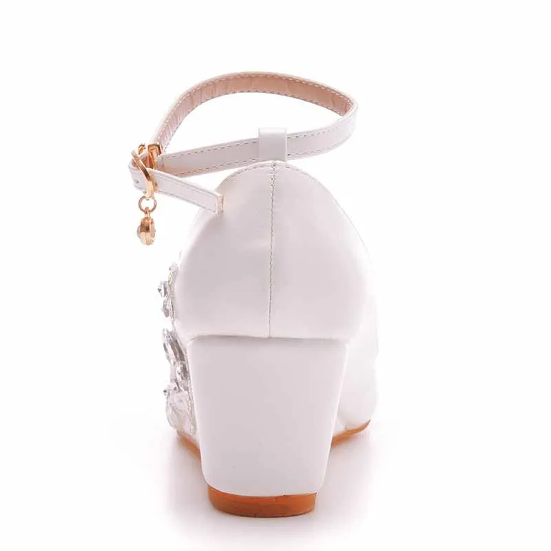 Women Rounded Toe White Wedges Bridal Sandals 2.17" Lace Wedding Shoes
