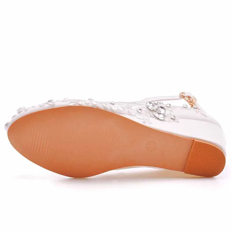 Women Rounded Toe White Wedges Bridal Sandals 2.17" Lace Wedding Shoes