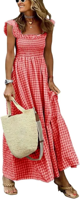Women's Sleeveless Strap Retro Plaid A-Line Smocked Maxi Long Dress with Ruffled Hem