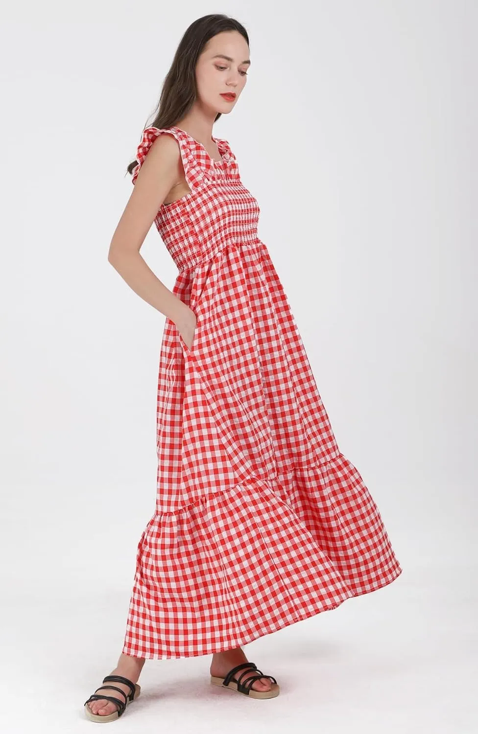 Women's Sleeveless Strap Retro Plaid A-Line Smocked Maxi Long Dress with Ruffled Hem