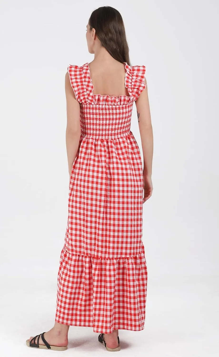 Women's Sleeveless Strap Retro Plaid A-Line Smocked Maxi Long Dress with Ruffled Hem