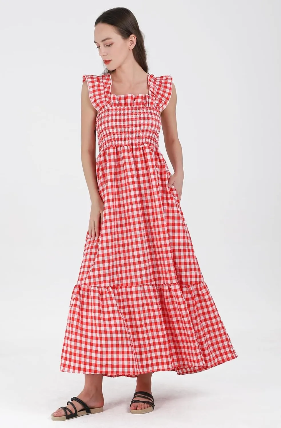 Women's Sleeveless Strap Retro Plaid A-Line Smocked Maxi Long Dress with Ruffled Hem