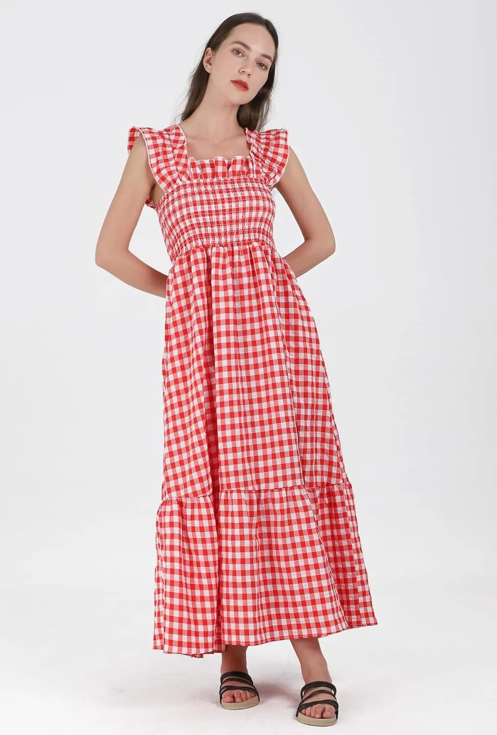 Women's Sleeveless Strap Retro Plaid A-Line Smocked Maxi Long Dress with Ruffled Hem