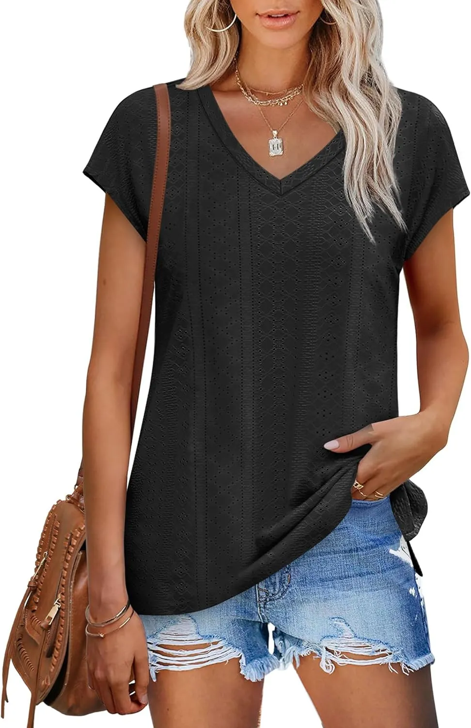 XIEERDUO Womens Tops V Neck Cap Sleeve Loose Fit Tee Shirts Summer Spring 2025 Eyelet/Printed