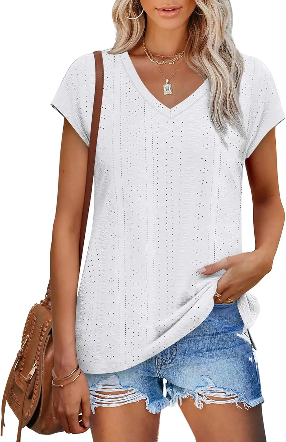 XIEERDUO Womens Tops V Neck Cap Sleeve Loose Fit Tee Shirts Summer Spring 2025 Eyelet/Printed