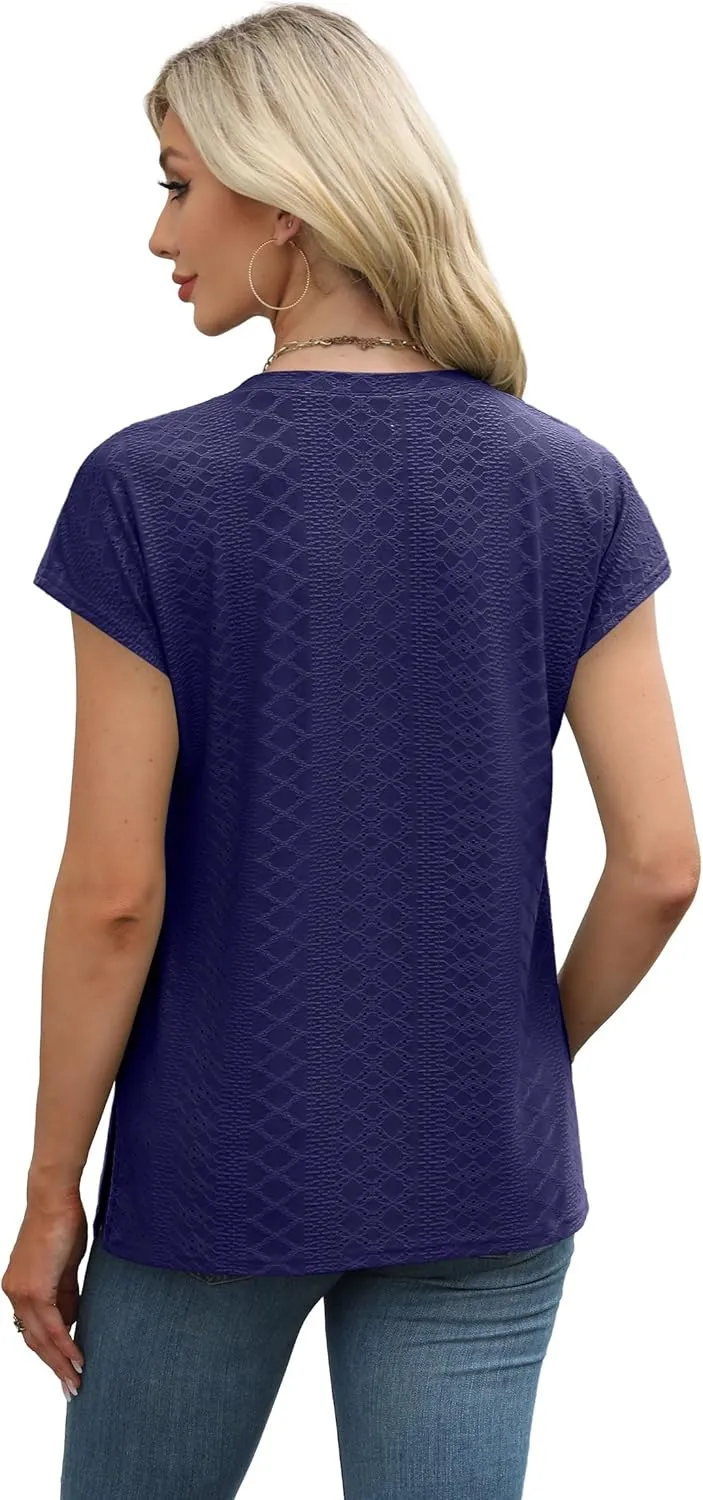 XIEERDUO Womens Tops V Neck Cap Sleeve Loose Fit Tee Shirts Summer Spring 2025 Eyelet/Printed