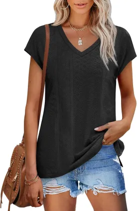 XIEERDUO Womens Tops V Neck Cap Sleeve Loose Fit Tee Shirts Summer Spring 2025 Eyelet/Printed