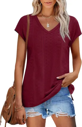 XIEERDUO Womens Tops V Neck Cap Sleeve Loose Fit Tee Shirts Summer Spring 2025 Eyelet/Printed