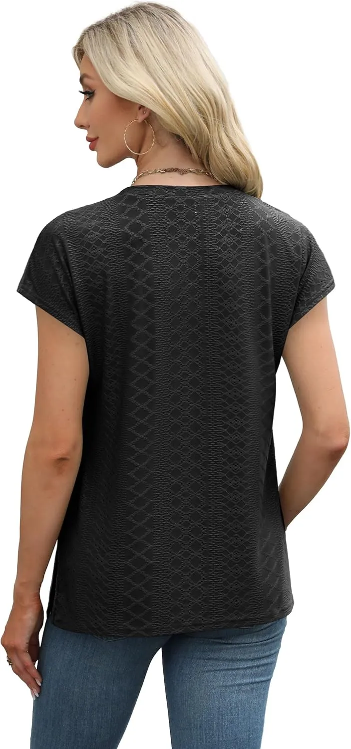 XIEERDUO Womens Tops V Neck Cap Sleeve Loose Fit Tee Shirts Summer Spring 2025 Eyelet/Printed