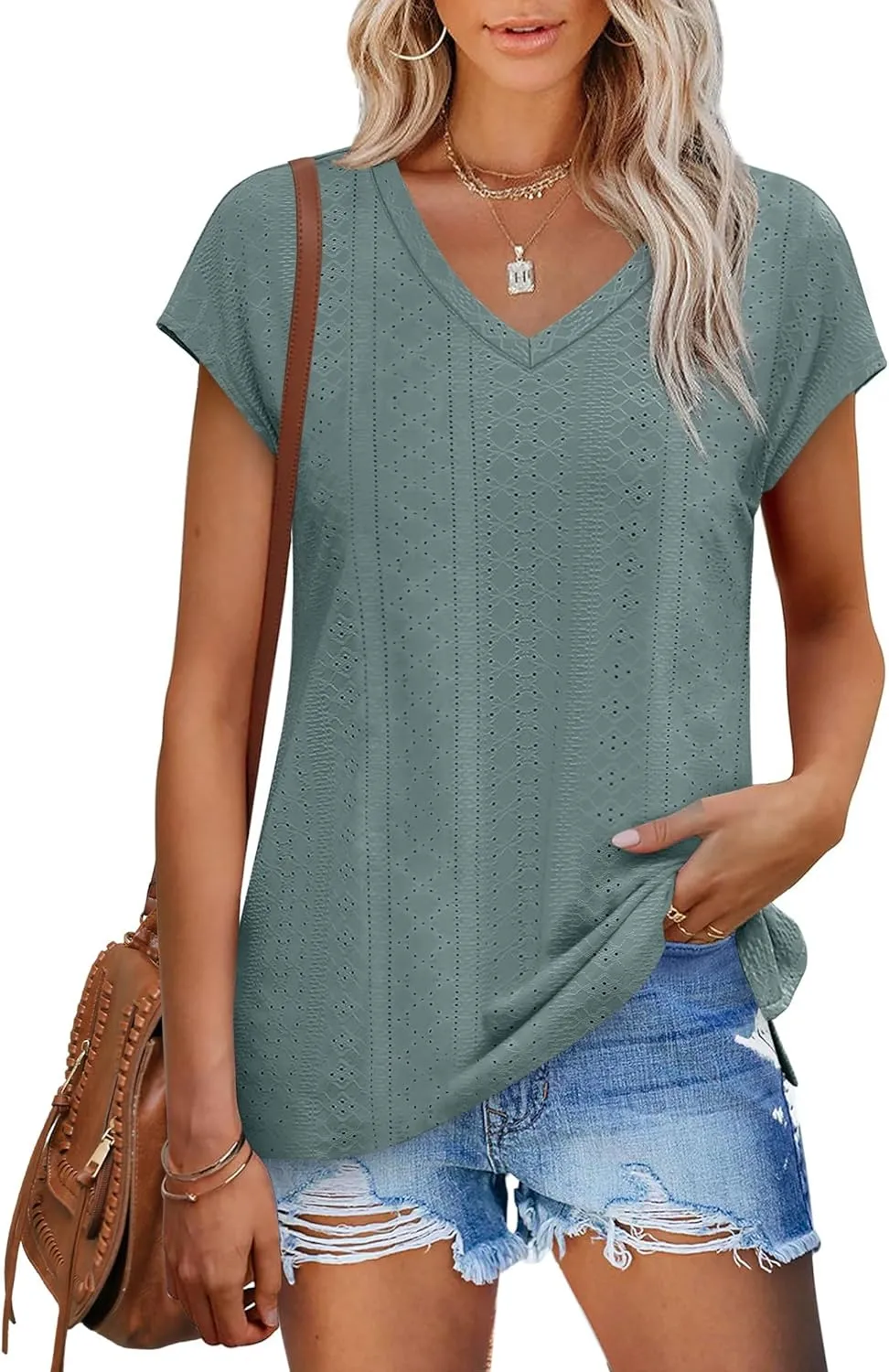 XIEERDUO Womens Tops V Neck Cap Sleeve Loose Fit Tee Shirts Summer Spring 2025 Eyelet/Printed