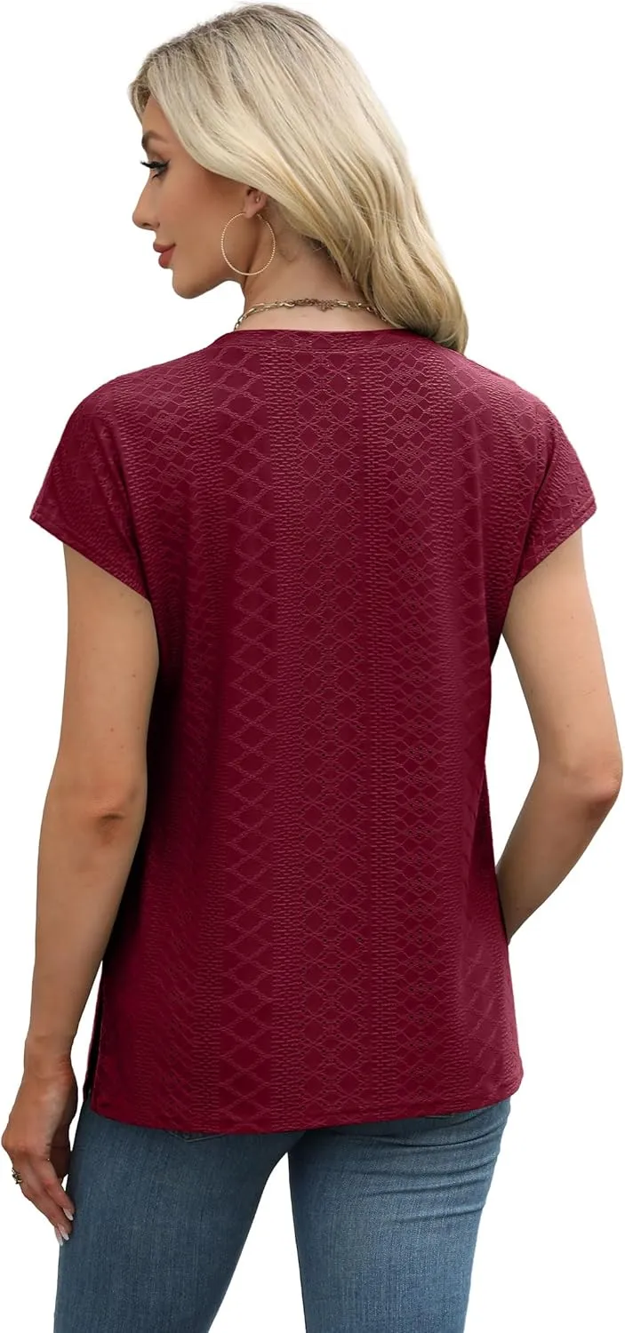 XIEERDUO Womens Tops V Neck Cap Sleeve Loose Fit Tee Shirts Summer Spring 2025 Eyelet/Printed