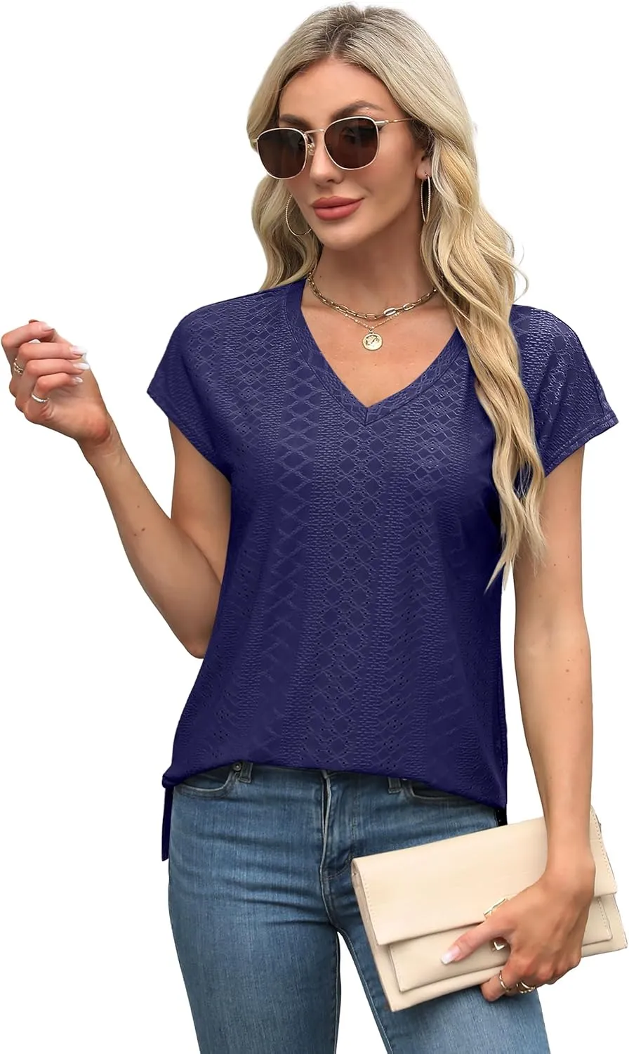 XIEERDUO Womens Tops V Neck Cap Sleeve Loose Fit Tee Shirts Summer Spring 2025 Eyelet/Printed