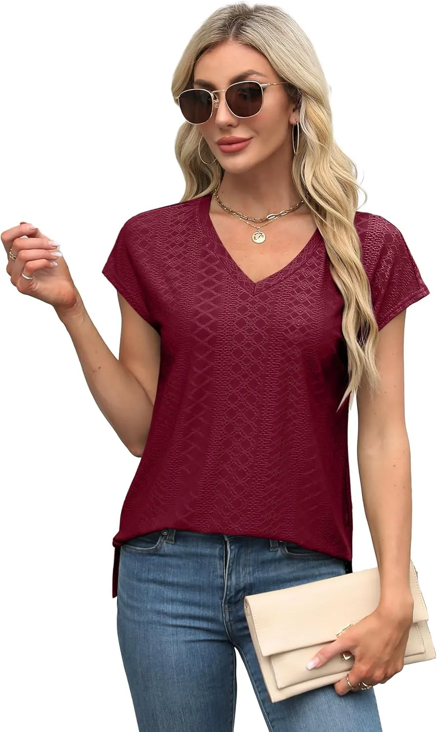 XIEERDUO Womens Tops V Neck Cap Sleeve Loose Fit Tee Shirts Summer Spring 2025 Eyelet/Printed