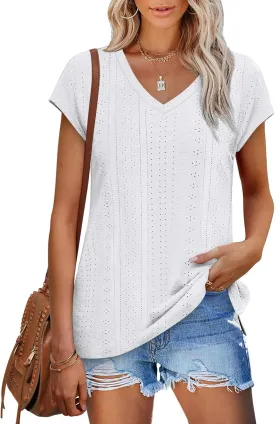 XIEERDUO Womens Tops V Neck Cap Sleeve Loose Fit Tee Shirts Summer Spring 2025 Eyelet/Printed