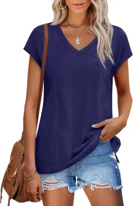 XIEERDUO Womens Tops V Neck Cap Sleeve Loose Fit Tee Shirts Summer Spring 2025 Eyelet/Printed