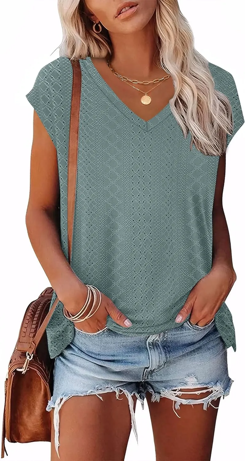 XIEERDUO Womens Tops V Neck Cap Sleeve Loose Fit Tee Shirts Summer Spring 2025 Eyelet/Printed