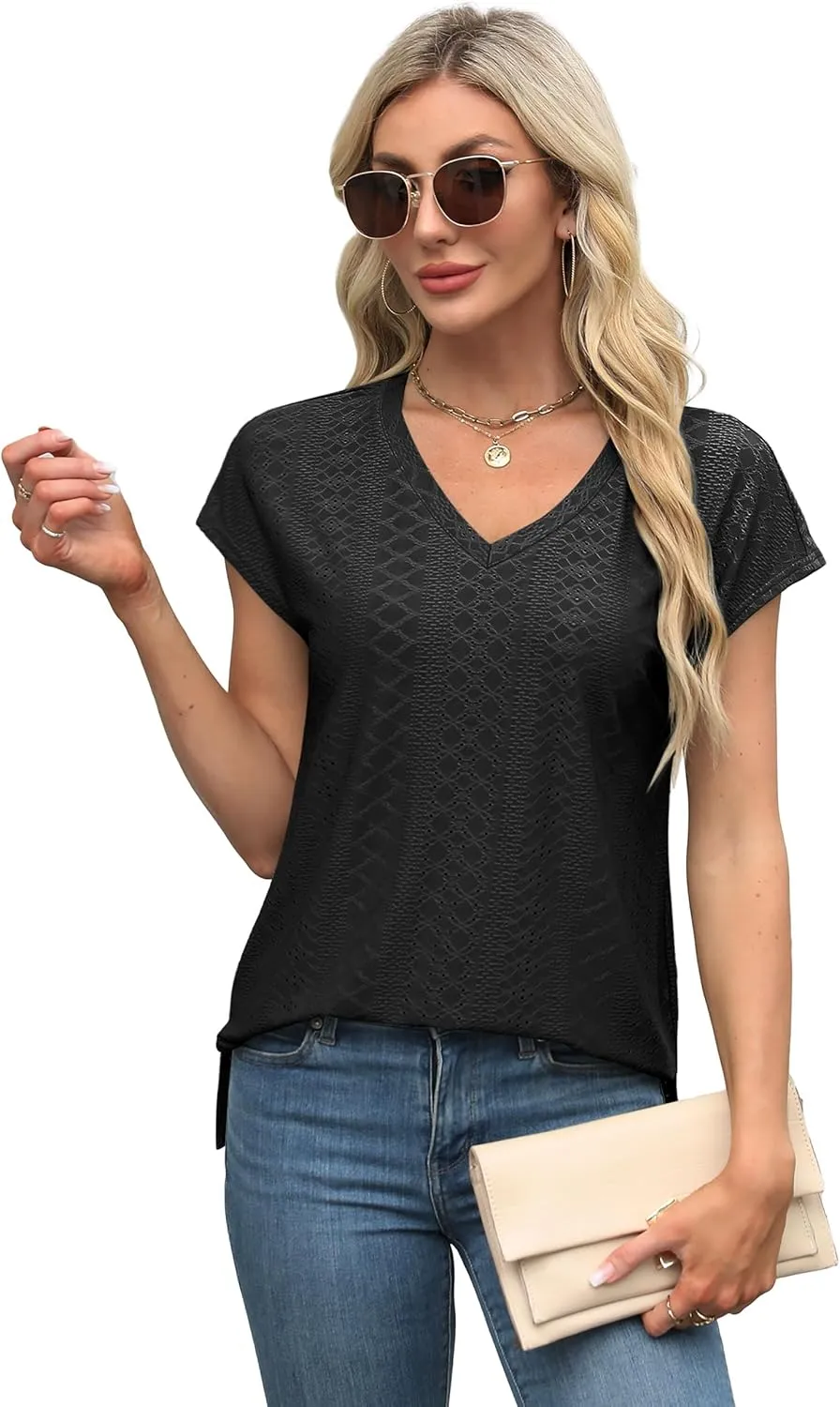 XIEERDUO Womens Tops V Neck Cap Sleeve Loose Fit Tee Shirts Summer Spring 2025 Eyelet/Printed