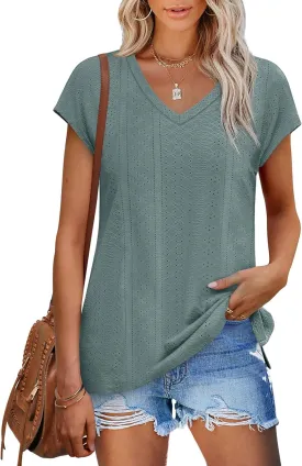 XIEERDUO Womens Tops V Neck Cap Sleeve Loose Fit Tee Shirts Summer Spring 2025 Eyelet/Printed