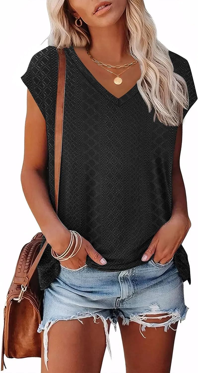 XIEERDUO Womens Tops V Neck Cap Sleeve Loose Fit Tee Shirts Summer Spring 2025 Eyelet/Printed