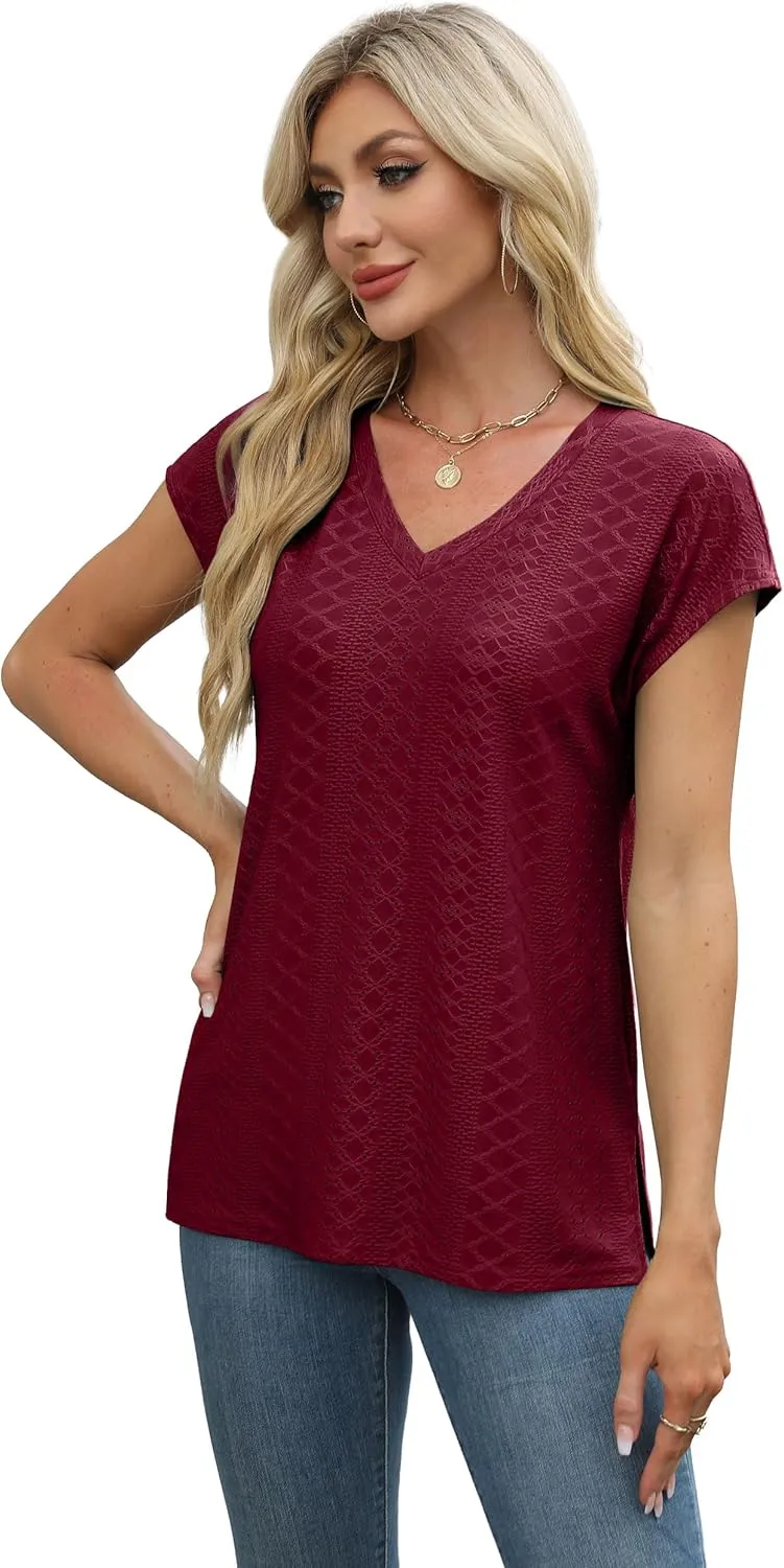 XIEERDUO Womens Tops V Neck Cap Sleeve Loose Fit Tee Shirts Summer Spring 2025 Eyelet/Printed