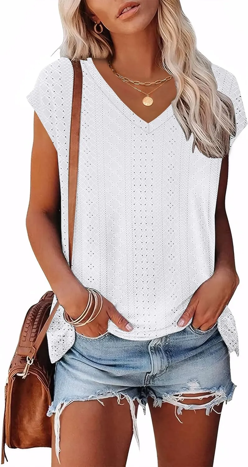 XIEERDUO Womens Tops V Neck Cap Sleeve Loose Fit Tee Shirts Summer Spring 2025 Eyelet/Printed