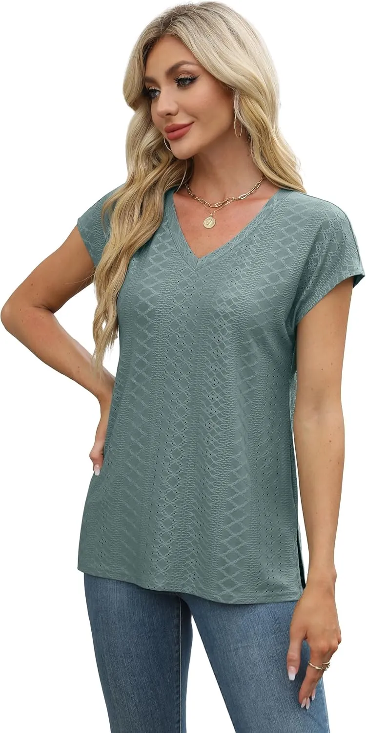 XIEERDUO Womens Tops V Neck Cap Sleeve Loose Fit Tee Shirts Summer Spring 2025 Eyelet/Printed