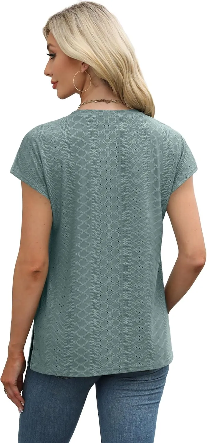 XIEERDUO Womens Tops V Neck Cap Sleeve Loose Fit Tee Shirts Summer Spring 2025 Eyelet/Printed