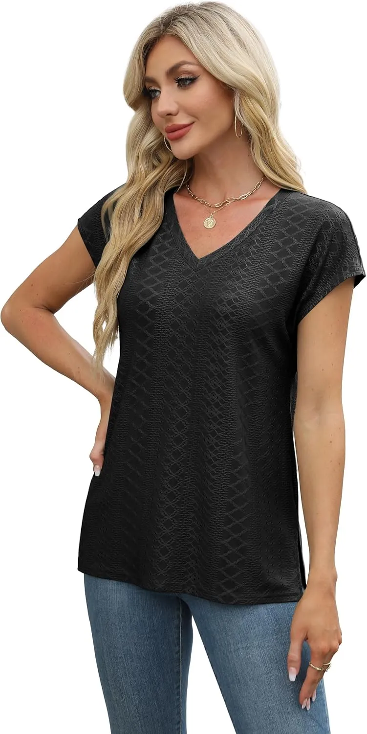 XIEERDUO Womens Tops V Neck Cap Sleeve Loose Fit Tee Shirts Summer Spring 2025 Eyelet/Printed