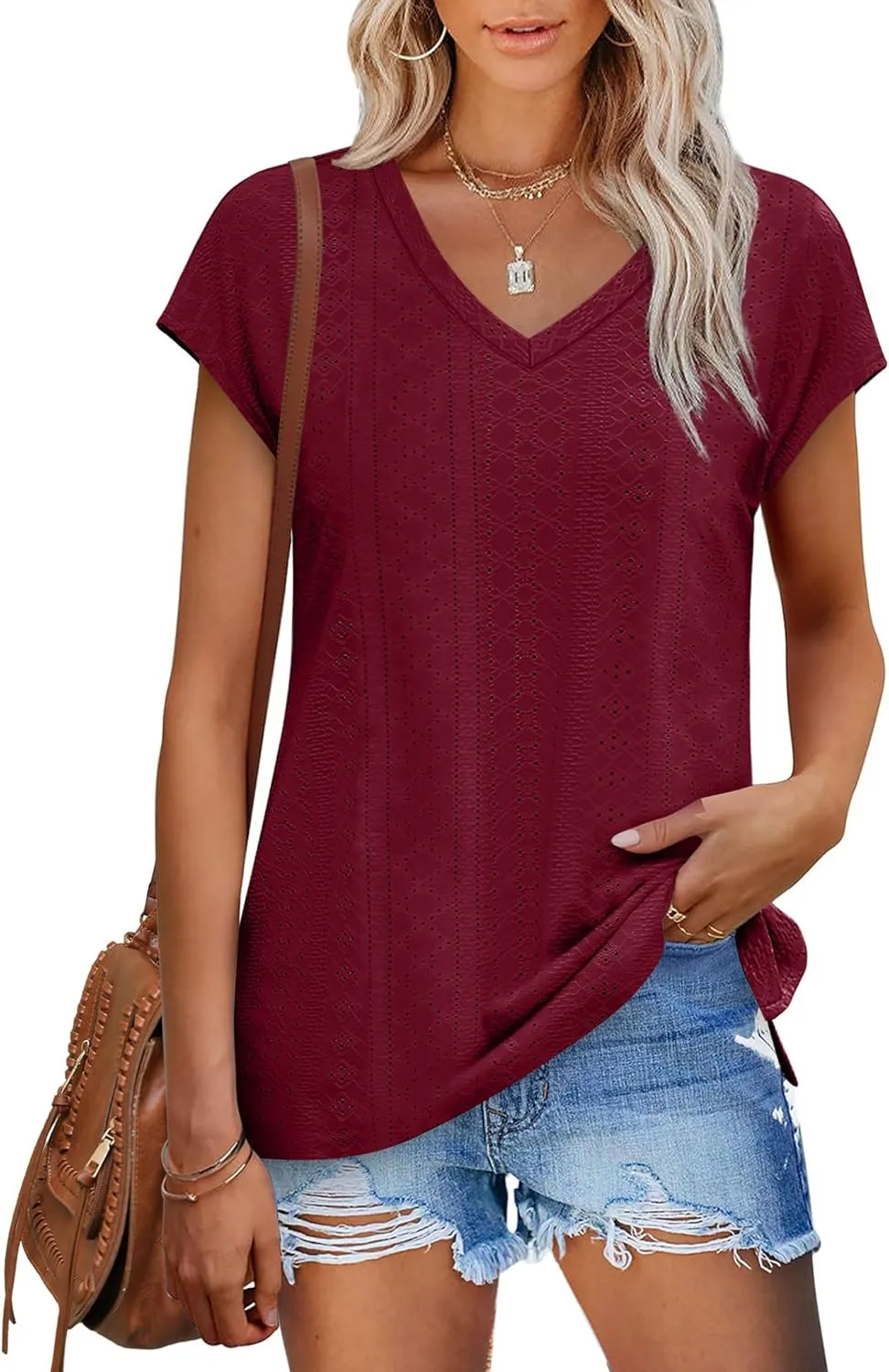 XIEERDUO Womens Tops V Neck Cap Sleeve Loose Fit Tee Shirts Summer Spring 2025 Eyelet/Printed