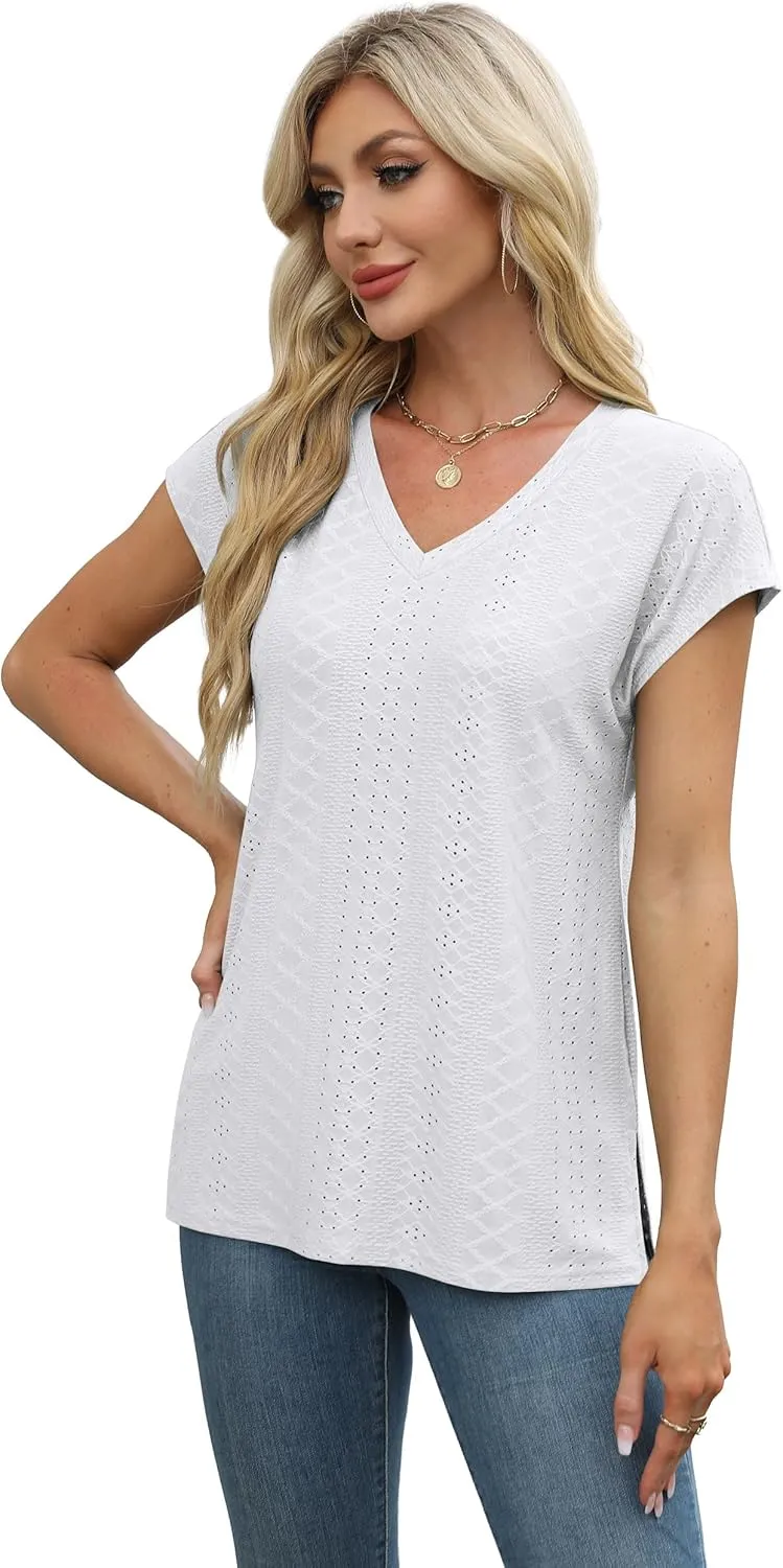 XIEERDUO Womens Tops V Neck Cap Sleeve Loose Fit Tee Shirts Summer Spring 2025 Eyelet/Printed