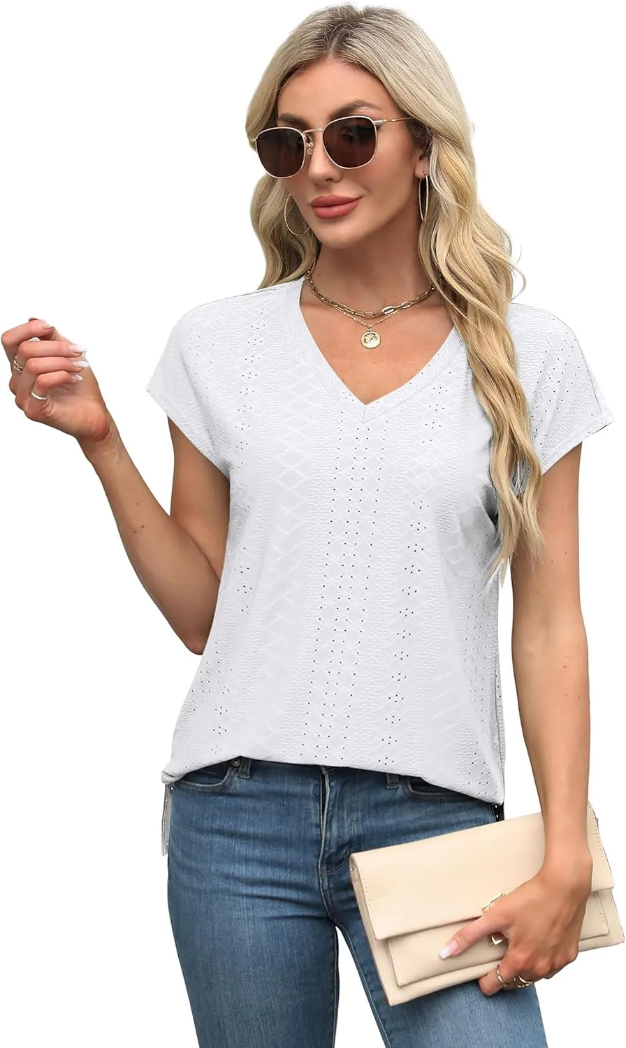 XIEERDUO Womens Tops V Neck Cap Sleeve Loose Fit Tee Shirts Summer Spring 2025 Eyelet/Printed