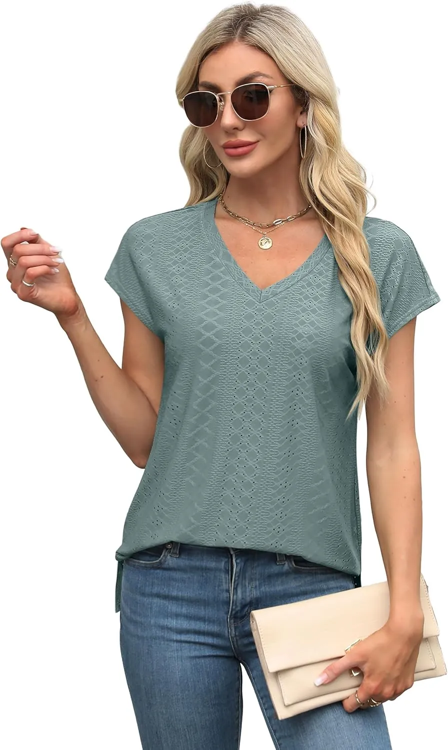 XIEERDUO Womens Tops V Neck Cap Sleeve Loose Fit Tee Shirts Summer Spring 2025 Eyelet/Printed
