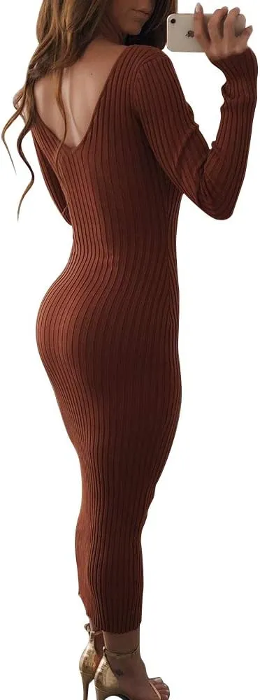 Zyyfly Women Sexy V Neck Long Sleeve Solid Bodycon Midi Dress