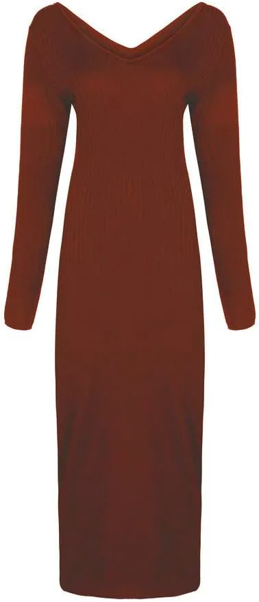 Zyyfly Women Sexy V Neck Long Sleeve Solid Bodycon Midi Dress