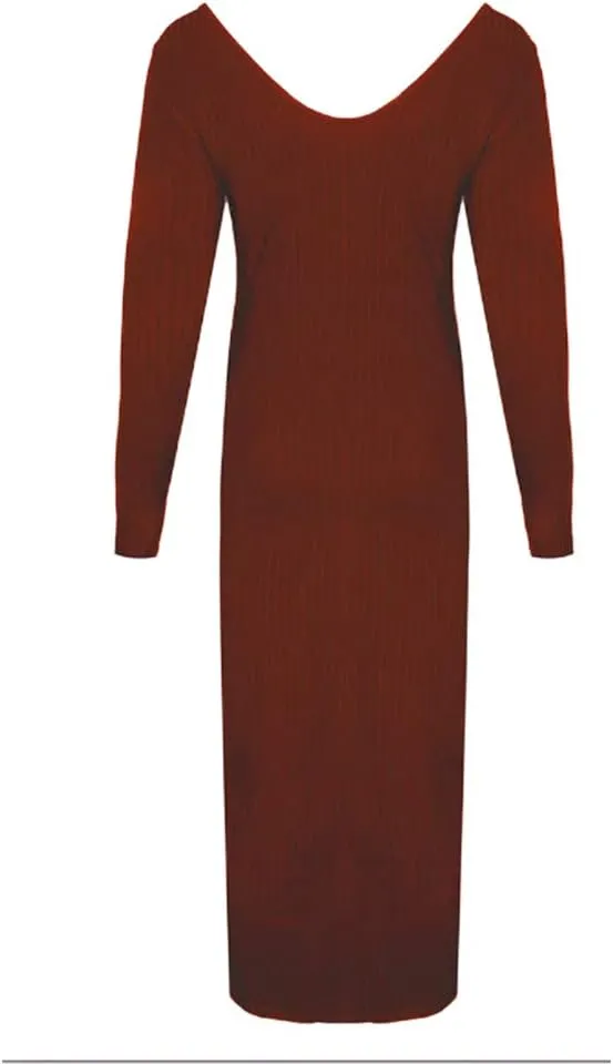 Zyyfly Women Sexy V Neck Long Sleeve Solid Bodycon Midi Dress