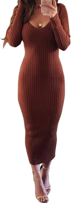 Zyyfly Women Sexy V Neck Long Sleeve Solid Bodycon Midi Dress